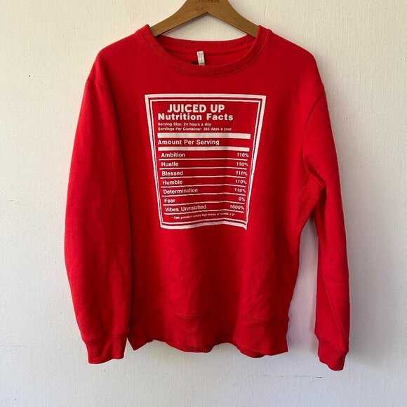 Juiced Up Sweatshirt Womens Medium Red Crewneck Nutrition Facts - Picture 1 of 5